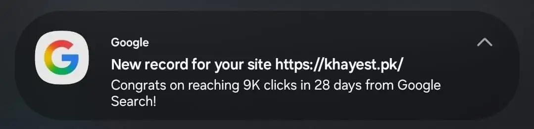 Google Search milestone notification for khayest.pk: a new traffic record — 9,000+ clicks in 28 days from Google Search